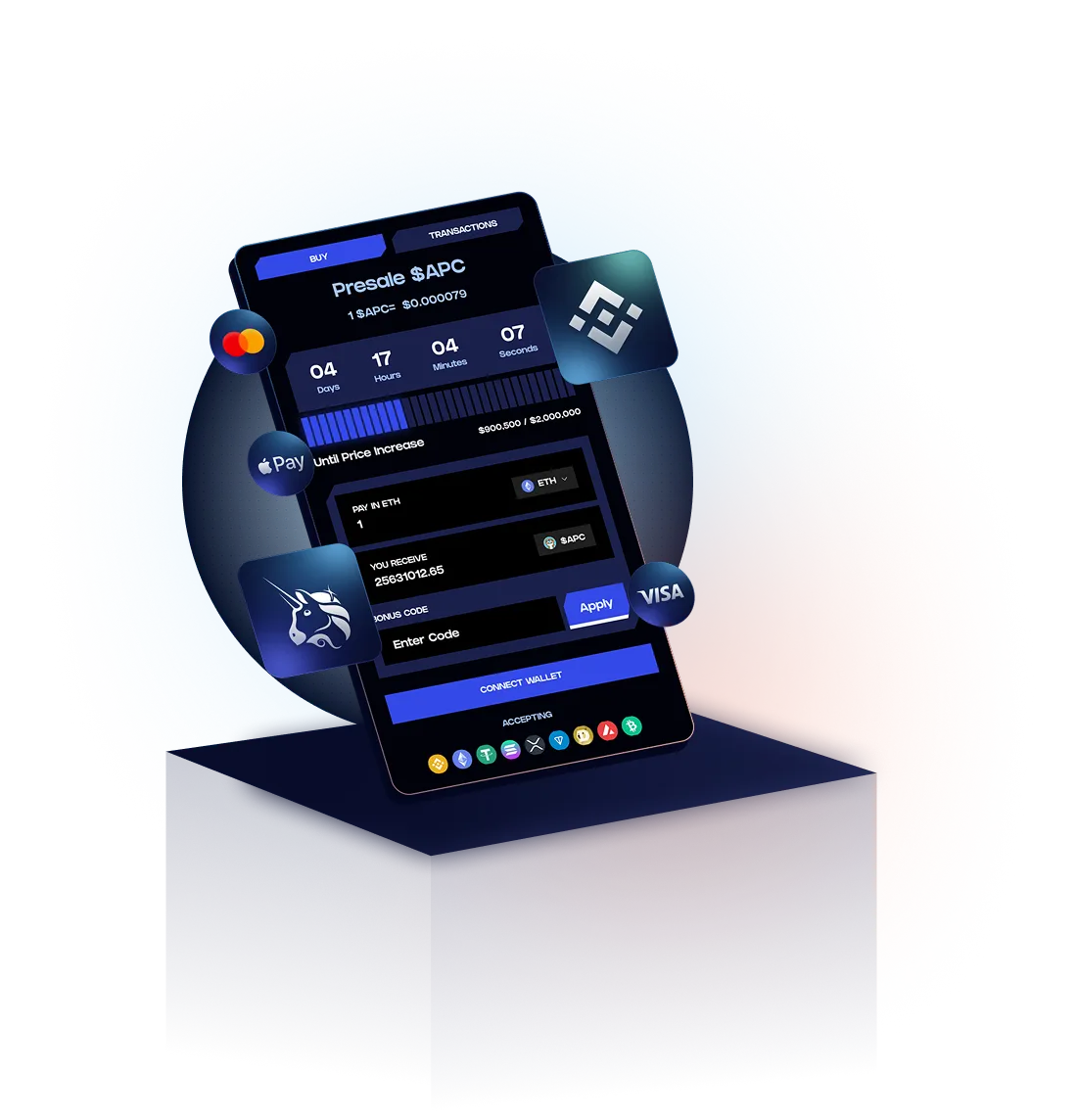 A phone with a presale widget on screen showing a crypto presale.